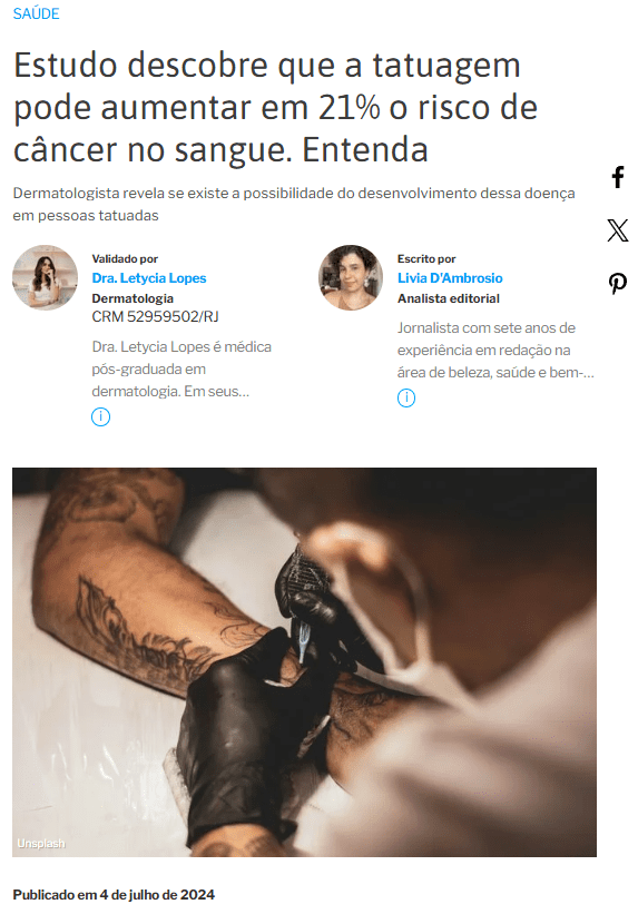 Estudo descobre que a tatuagem pode aumentar em 21% o risco de câncer no sangue. Entenda